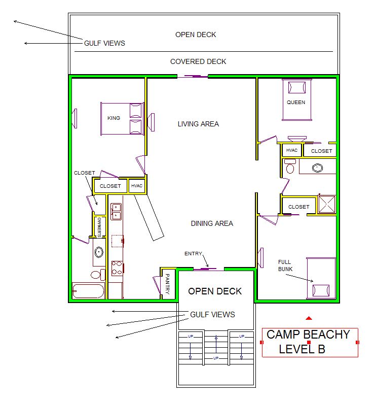 A level B layout view of Sand 'N Sea's beachside house vacation rental in Galveston named Camp Beachy